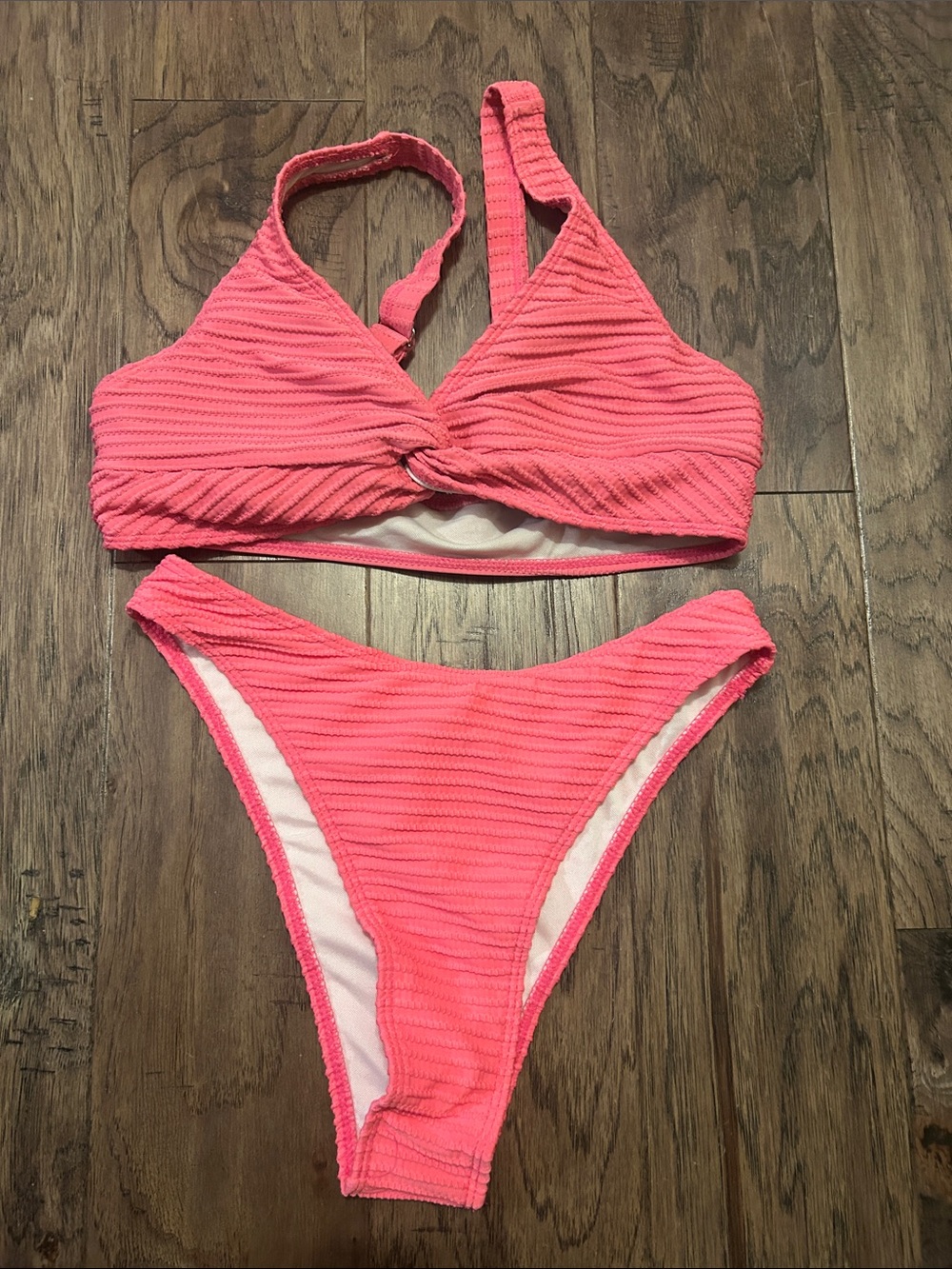 SHEIN Pink Ribbed Twist Bikini Set